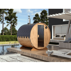 Fjordholz Fass-Sauna Theo aus Thermoholz mit anthrazitfarbenen Dachschindeln und Vollglastür.