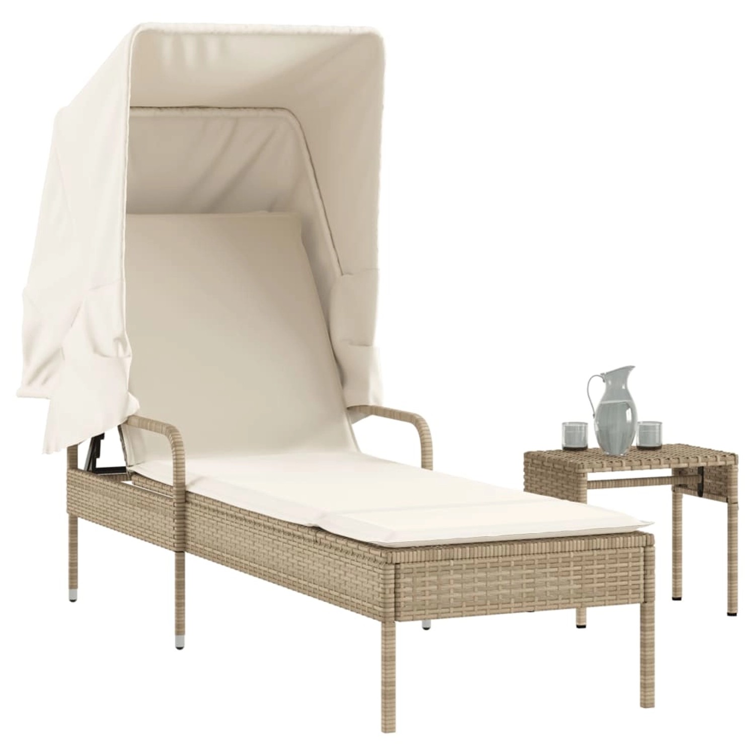 vidaXL Sonnenliege mit Dach und Tisch Beige Poly Rattan günstig online kaufen