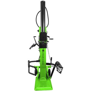 Zipper Holzspalter HS30Z: Vertikaler Holzspalter in Grün und Schwarz mit Fahrvorrichtung.