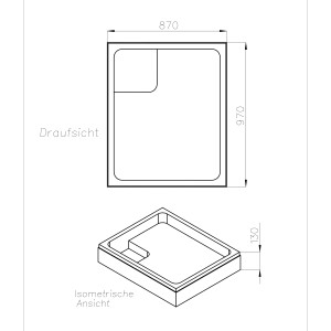 Technische Zeichnung Ottofond Wannenträger Aruba 100x90 cm für Duschwanne, Draufsicht und isometrische Ansicht.