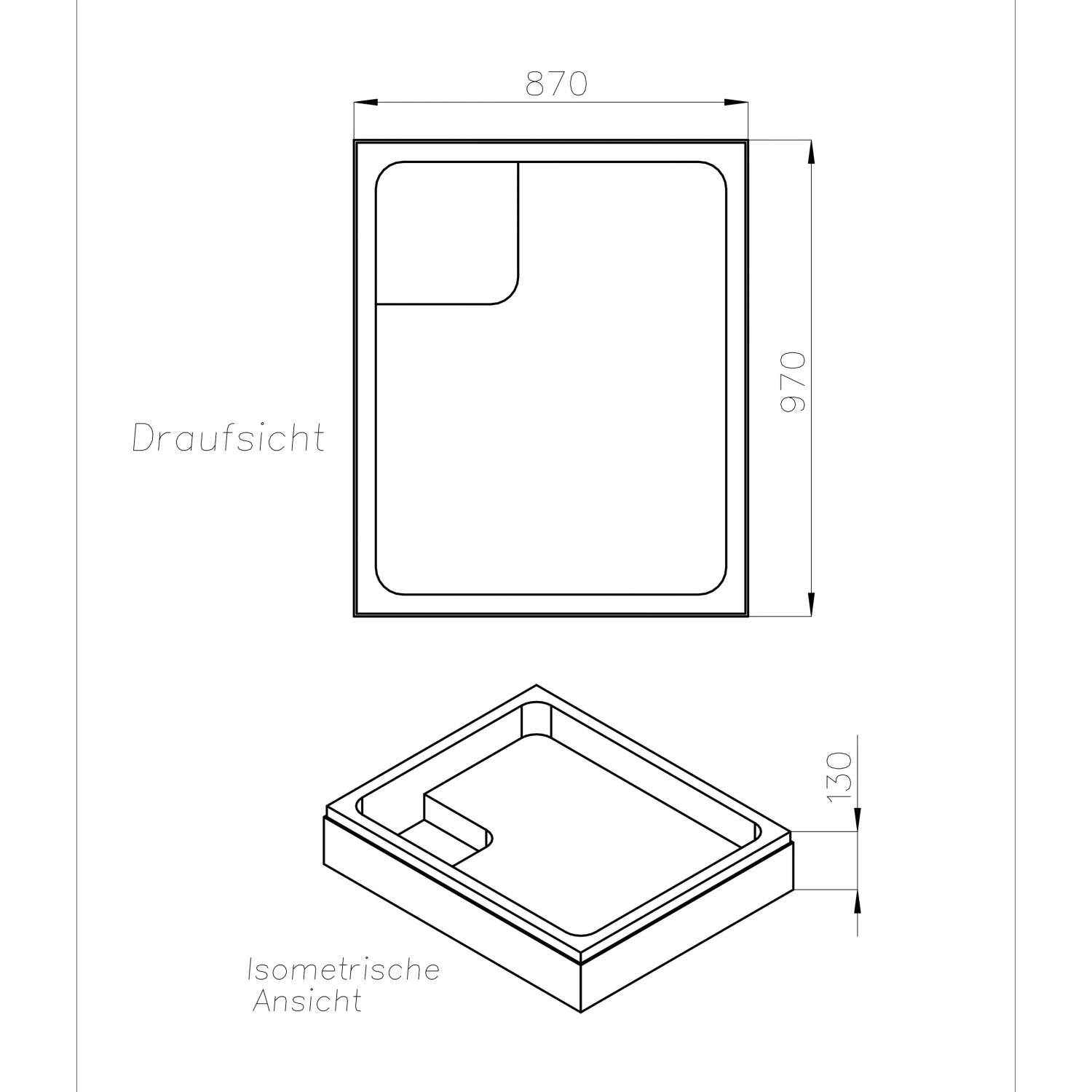 Technische Zeichnung Ottofond Wannenträger Aruba 100x90 cm für Duschwanne, Draufsicht und isometrische Ansicht.