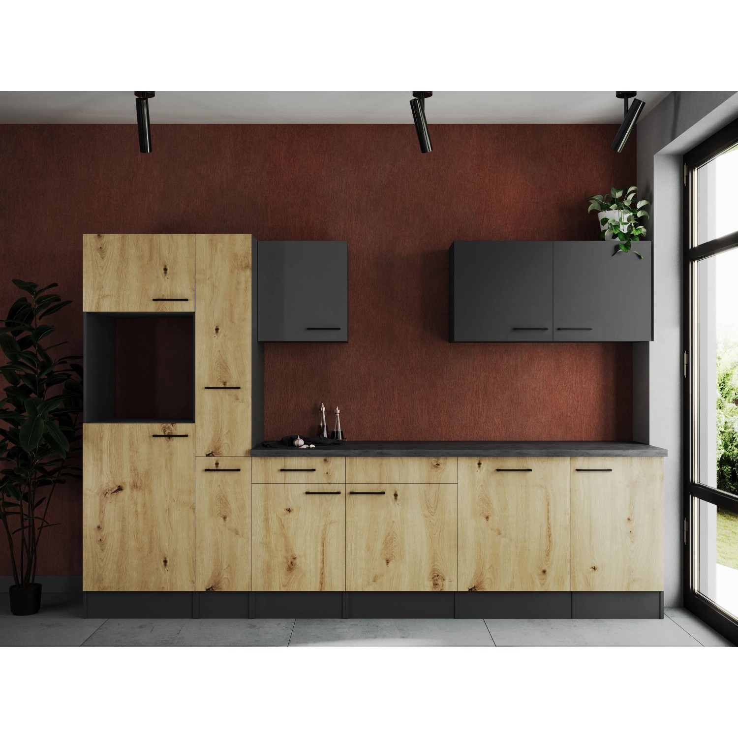 Respekta Küchenzeile Oliver 310 cm Artisan Eiche / Grau Matt ohne E-Geräte