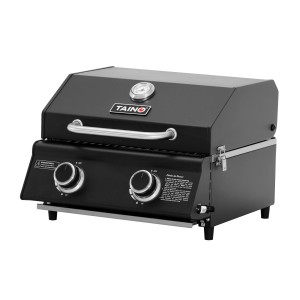 Kompakter, schwarzer Taino Platinum Tischgrill mit 2 Brennern und Edelstahl-Grillrost. Ideal für Camping und BBQ.