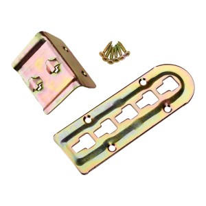 Gelb verzinkter, höhenverstellbarer Bettbeschlag für Lattenrostauflage. Set aus Winkel, Platte und Schrauben.