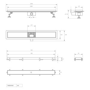 Technische Zeichnung: LuxeBath Duschrinne 100cm, 2in1 befliesbar, extra flach, schwarz, doppelseitig, Maße in mm.