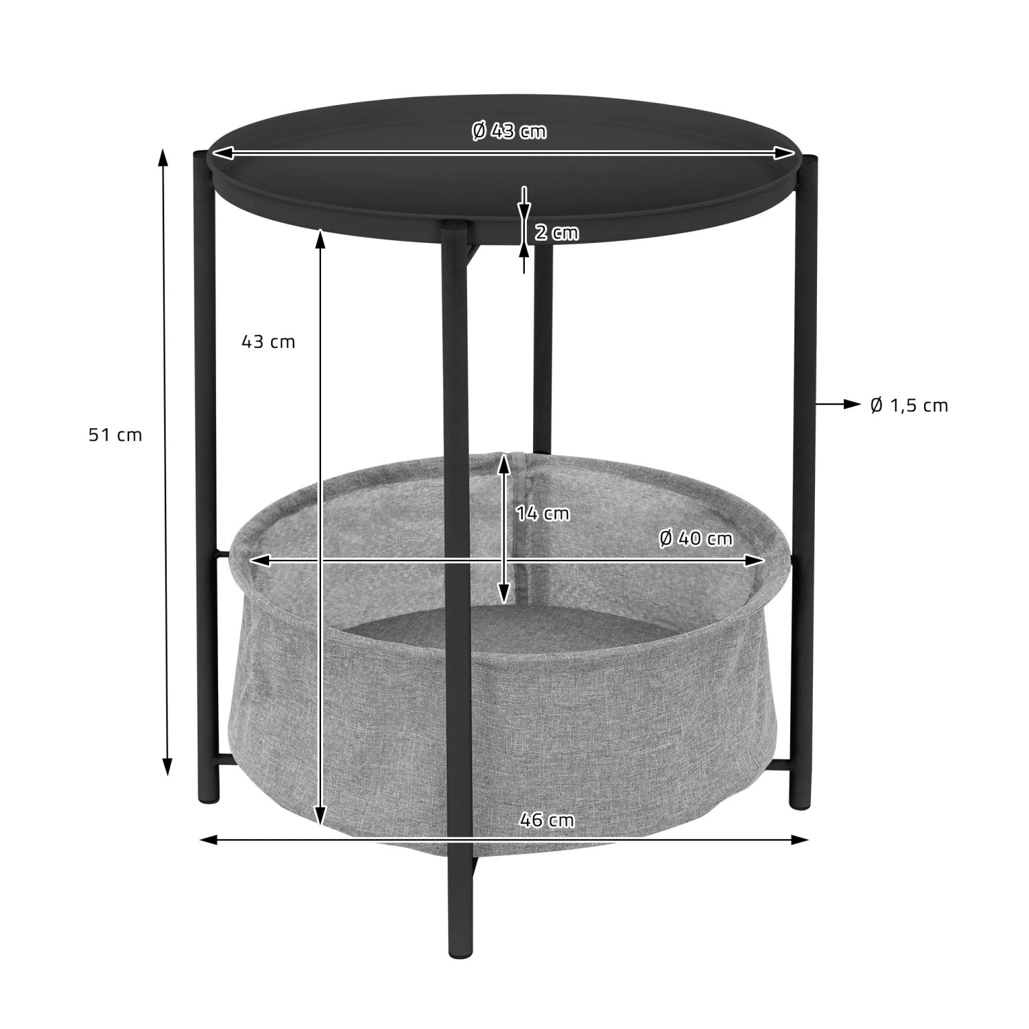 ML-Design Beistelltisch, anthrazit, mit Stoffkorb, 46x51 cm. Wohnzimmertisch mit Stauraum.