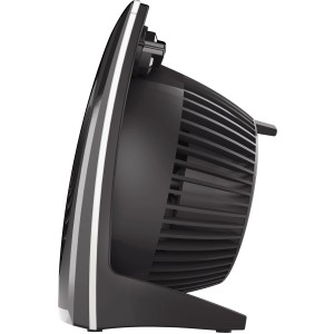 Schwarzer Vornado 573 Tischventilator, seitliche Ansicht. Kompakter Ventilator für angenehme Luftzirkulation.