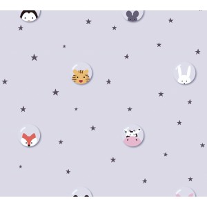 Grau-weiße Vliestapete mit Tiermotiven und Sternen für das Kinderzimmer.