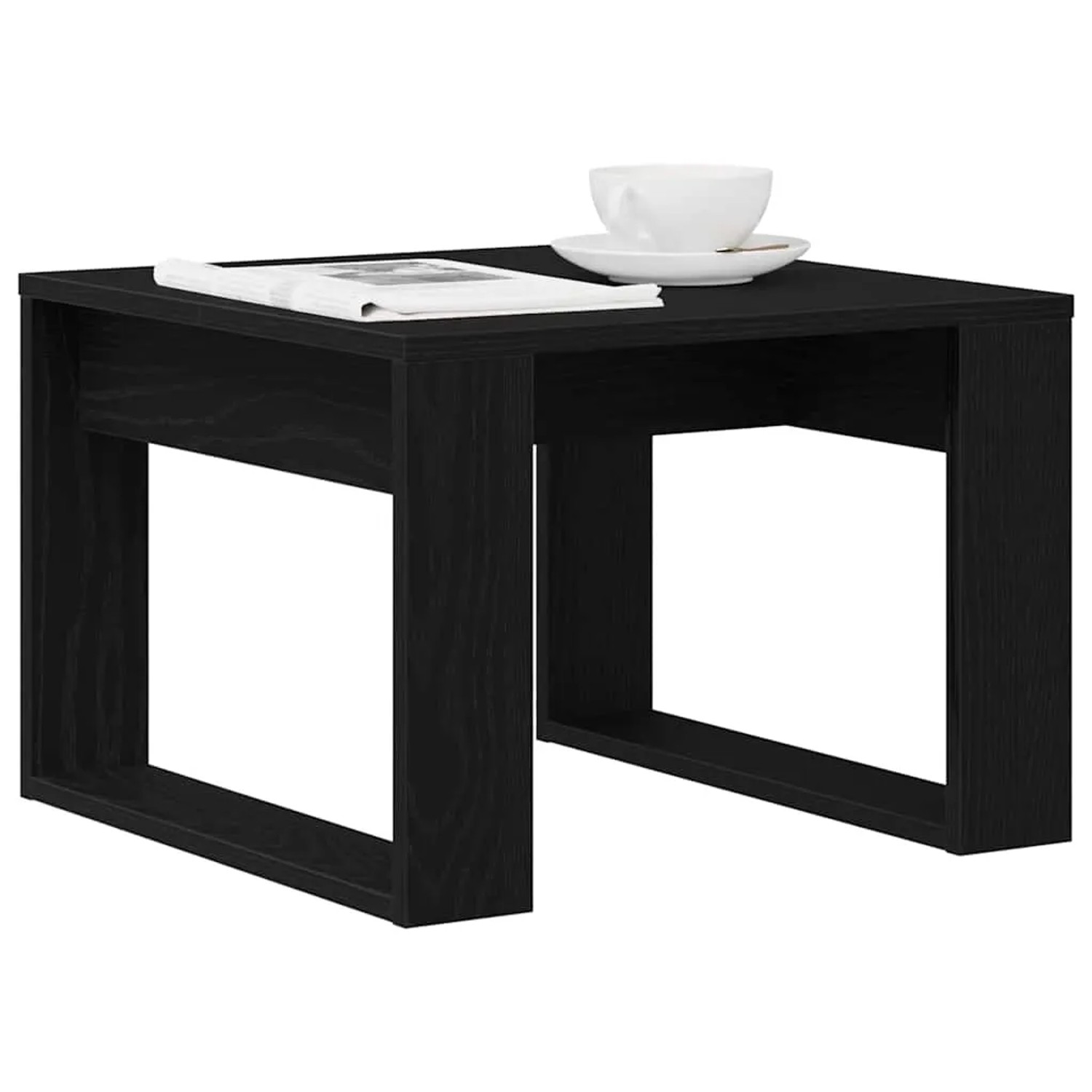 Moderner schwarzer Couchtisch in Eichen-Optik aus Holzwerkstoff, quadratisch, mit offener Ablage, Tasse & Zeitung.