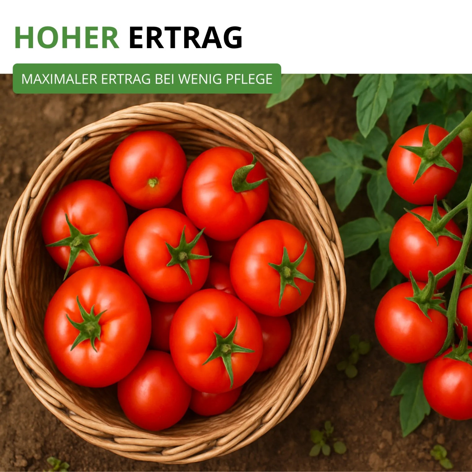 Reife rote Tamina Stabtomaten in einem Korb und am Strauch, zeigt reiche Ernte der Gemüsesamen.