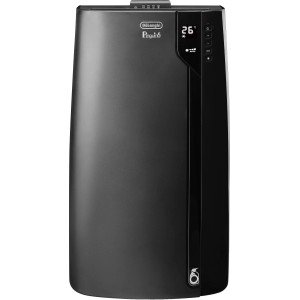 Schwarzes DeLonghi PAC EX 120 Klimagerät mit Display und Bedienelementen.