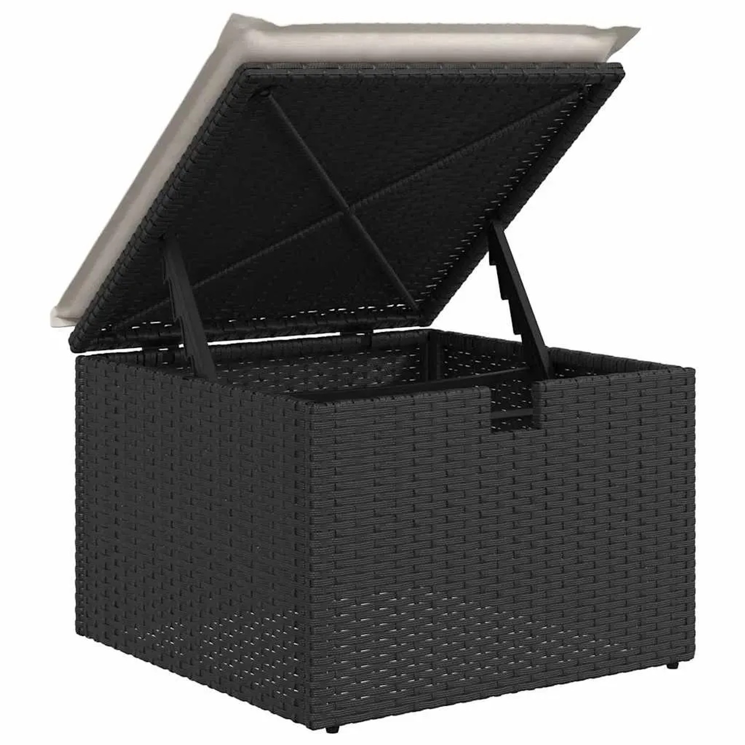 Schwarze vidaXL Gartenbox aus Polyrattan mit Kissen, Teil eines 7-tlg. Garten-Sofa-Sets.