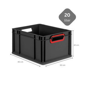 Schwarze PROREGAL Eurobox mit roten Griffen, 20 Liter, 30x40x22cm, zur Aufbewahrung und als Transportbox.