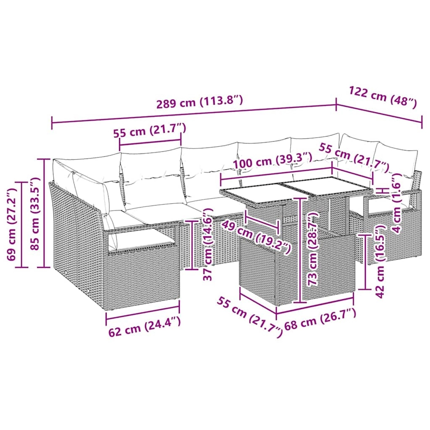 vidaXL Garten-Sofa-Set, 8-teilig, schwarz, Poly Rattan, mit Maßangaben.