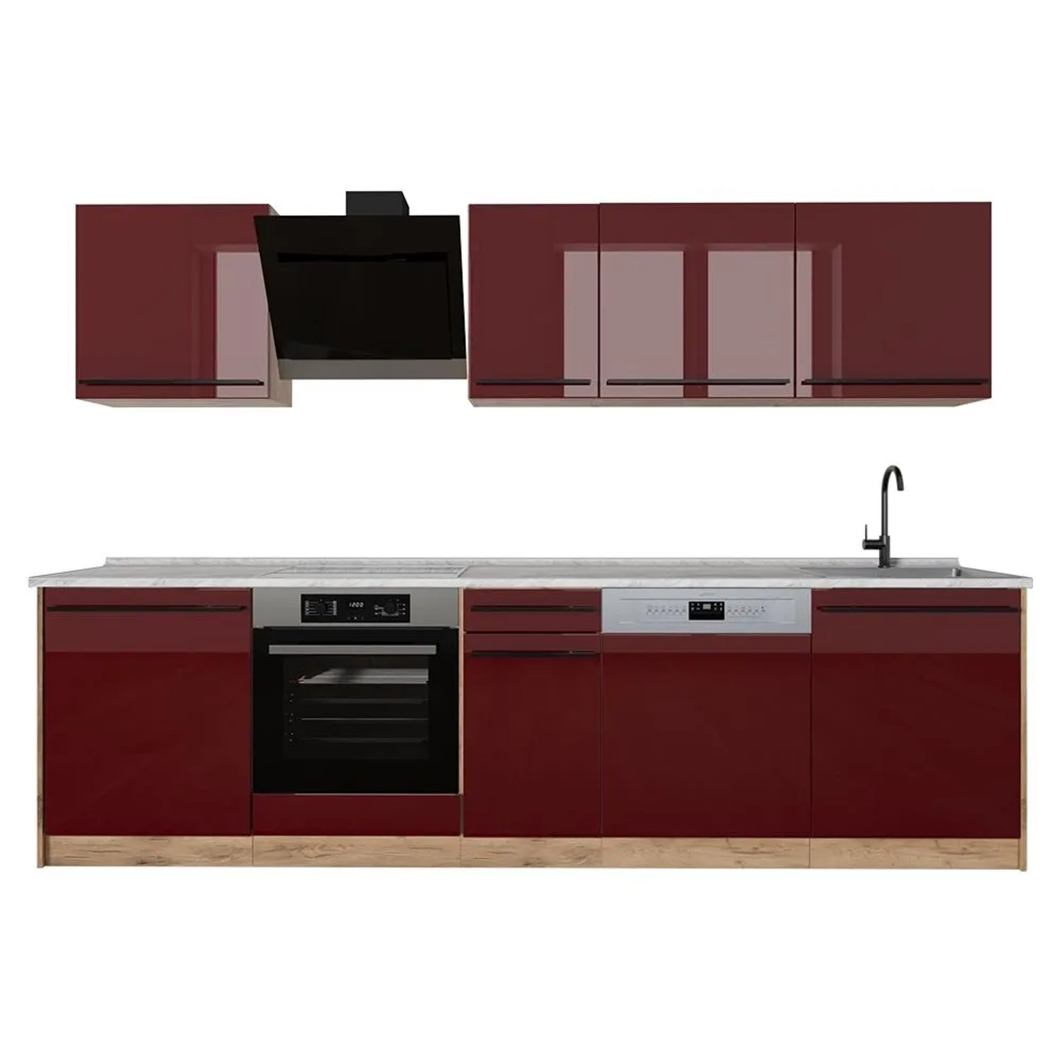 Vicco Küchenzeile R-Line Rot Hochglanz/Goldkraft Eiche 280 x 207 Arbeitsplatte Marmor Art Nr 66396