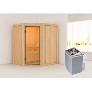 Woodfeeling Sauna Faurin mit bronzierter Glastür und 9 kW Ofen. Massivholzsauna für entspannende Stunden.