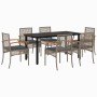 7-tlg. Garten-Essgruppe mit grauen Polyrattan-Stühlen und schwarzem Tisch mit Glasplatte.