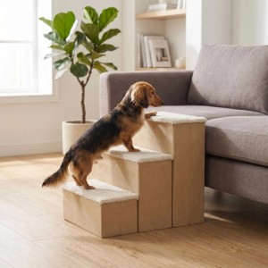 Beige Hundetreppe mit 3 Stufen, ein Dackel steigt auf das Sofa. Praktische Aufstiegshilfe für Haustiere.