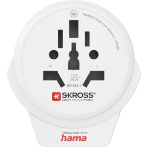 Weißer Hama Reiseadapter World to Europe mit USB-Anschluss für 2- und 3-polige Geräte.