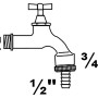 Skizze: Kirchhoff Auslaufventil mit Knebelgriff, 21 mm (1/2AG) x 26,4 mm (3/4AG) x 1/2, matt verchromt.