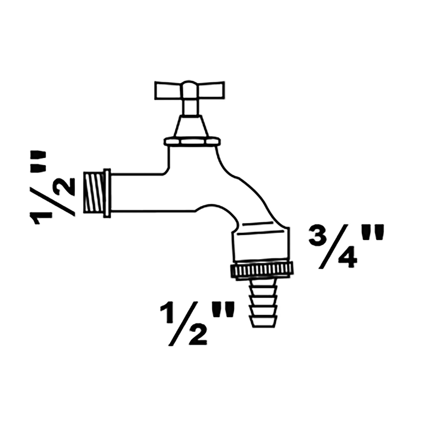 Skizze: Kirchhoff Auslaufventil mit Knebelgriff, 21 mm (1/2AG) x 26,4 mm (3/4AG) x 1/2, matt verchromt.
