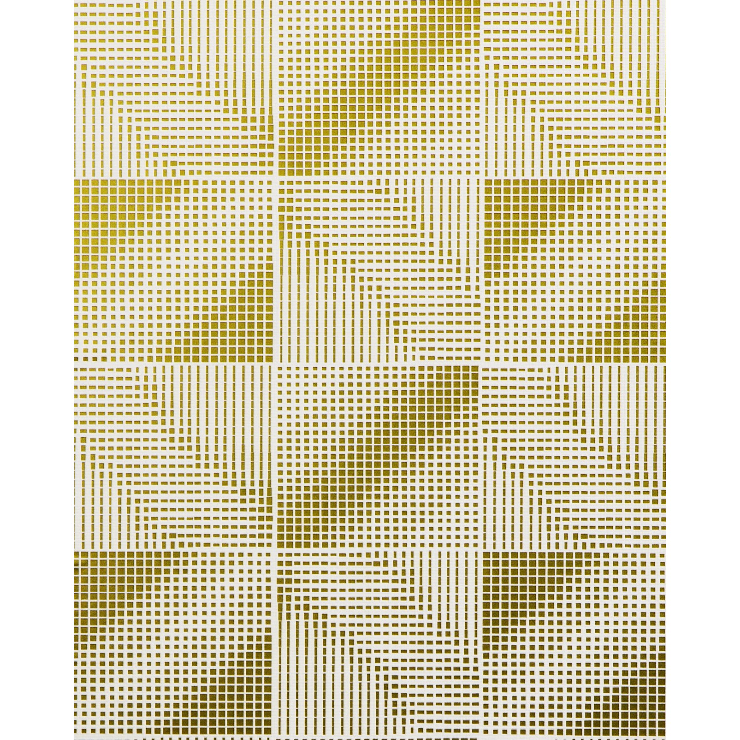 Weiße Tapete mit grafischem Muster in Gold und Bronze. Metallische Akzente.