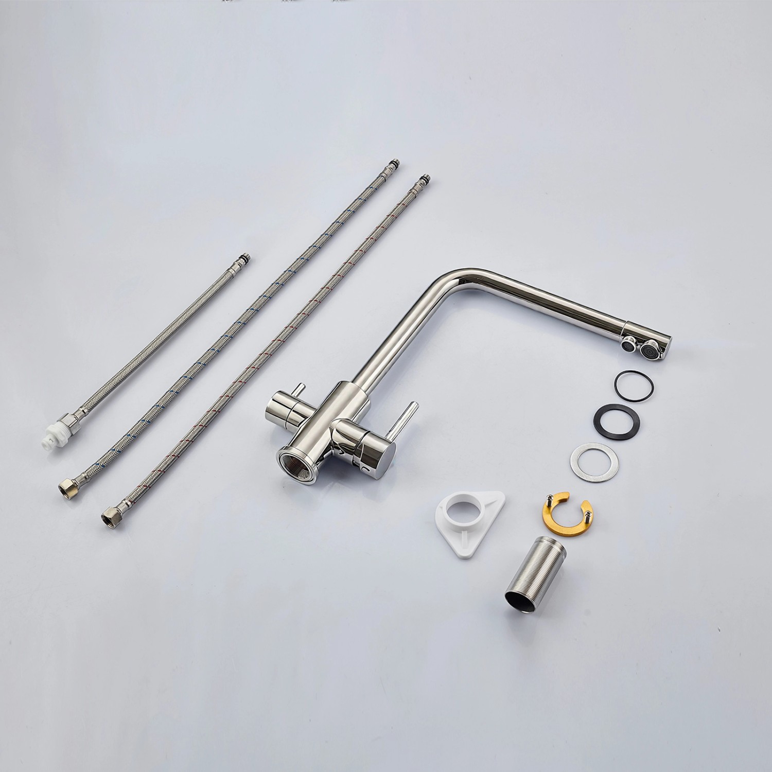 AICA Wasserhahn Silber Küche Spültischarmatur 3-Wege mit Trinkwasserfilter 2-Hebel Design für Doppelspülen 360° Schwenkbar_2