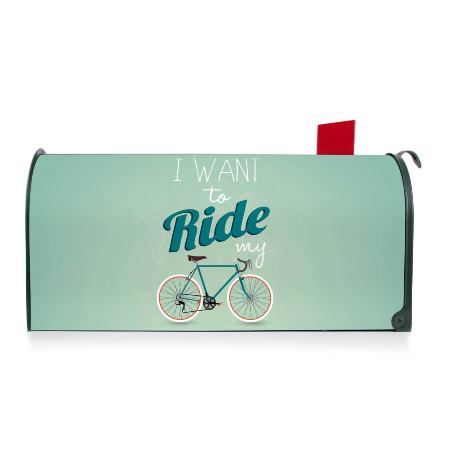 Grüner Banjado US Briefkasten mit Fahrrad Motiv und roter Fahne.