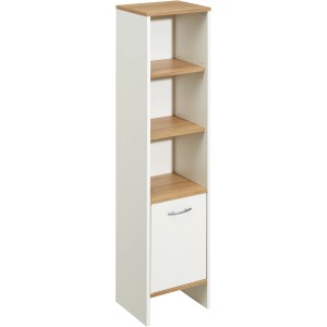 Pelipal Bad-Hochschrank Sina, weiß/Eiche, 33 cm breit, mit Tür und offenen Fächern für Badutensilien.