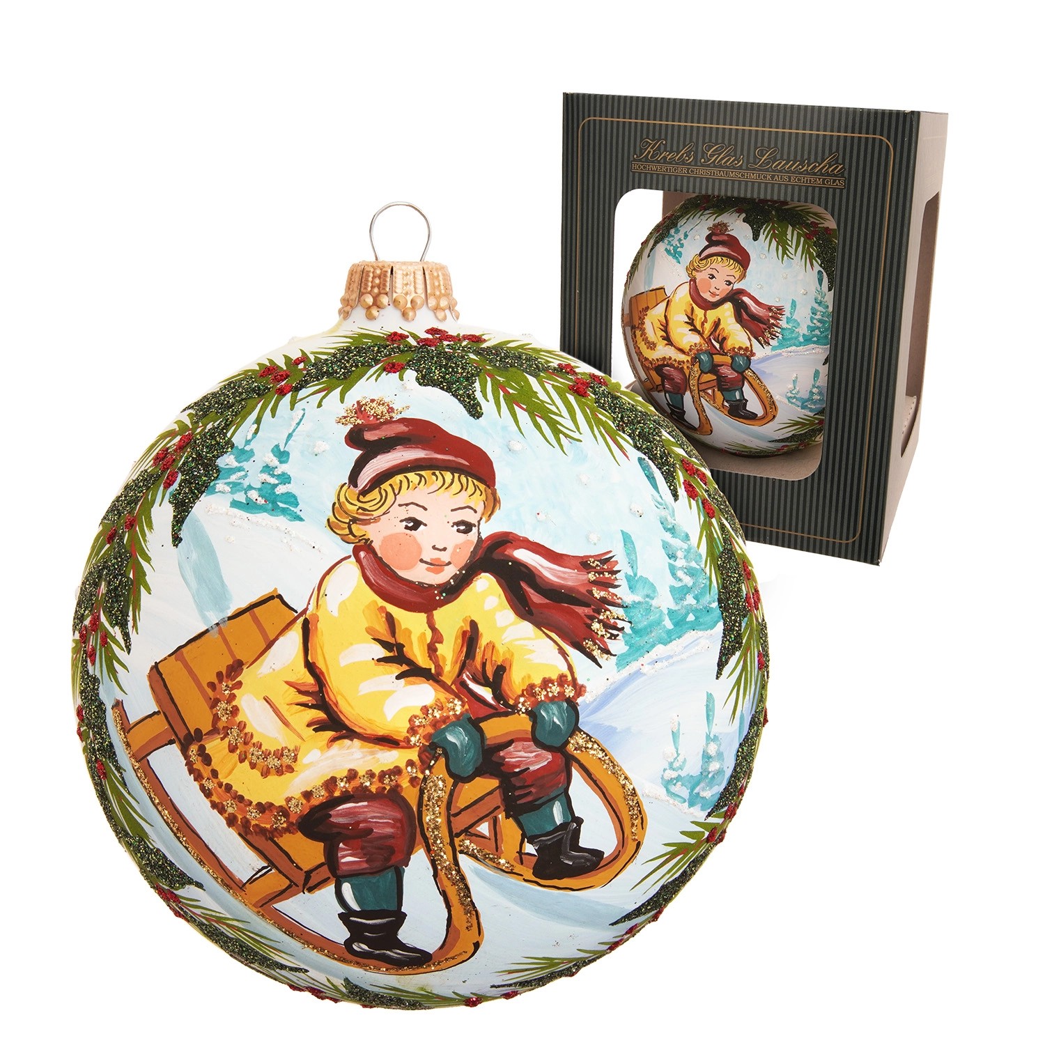 Krebs Glas Lauscha Weihnachtskugel Junge auf Schlitten Weiß 10cm günstig online kaufen