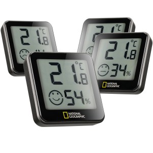 National Geographic Tempy Thermo-Hygrometer 4er Set in Schwarz zur Messung von Temperatur und Luftfeuchtigkeit.