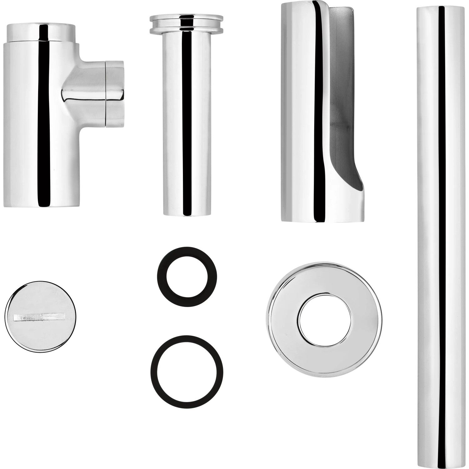 baliv Design-Siphon DS-3410 Chrom, Siphon für Waschbecken, bestehend aus mehreren Einzelteilen.