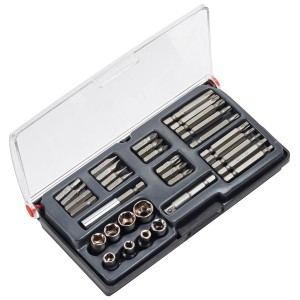 34-teiliges Bit- und Steckschlüssel-Set im Koffer, verschiedene Größen und Formen.
