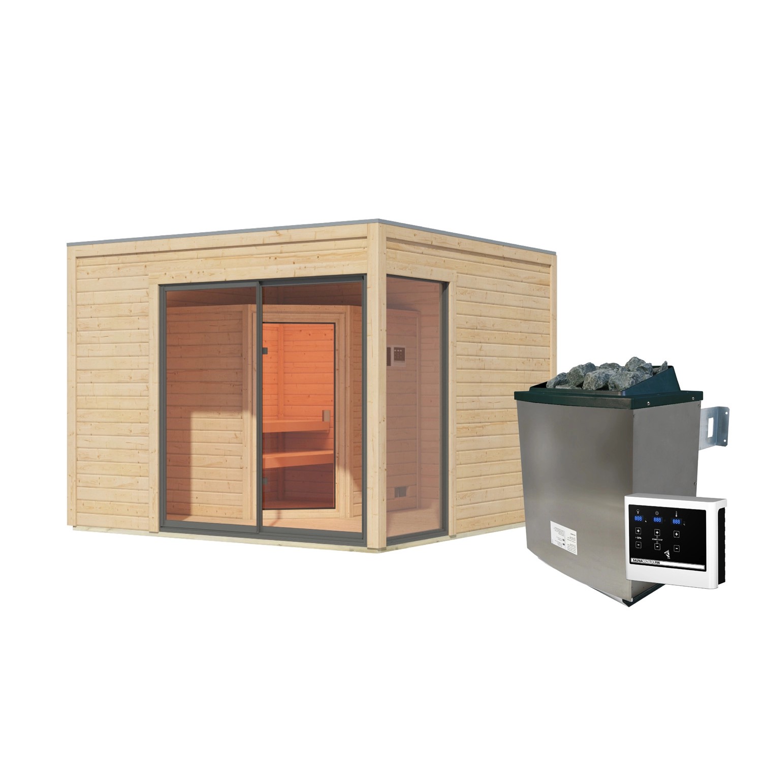 Karibu Saunahaus Cubulis 1 Variante A Naturbelassen mit Ofen 9 kW ext. Steuerung