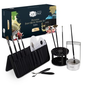 Artina Set Elba: Pinsel, Pinselhalter, Pinselwäscher, Malspachtel und Tasche für Künstlerfarben.