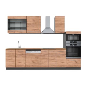 Vicco Fame-Line Küchenzeile 300 cm in Goldkraft Eiche/Anthrazit mit Hochschrank und Elektrogeräten.