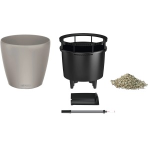 Lechuza Classico Color LS 43 Sandbraun, Pflanzgefäß mit Zubehör und Bewässerungssystem.