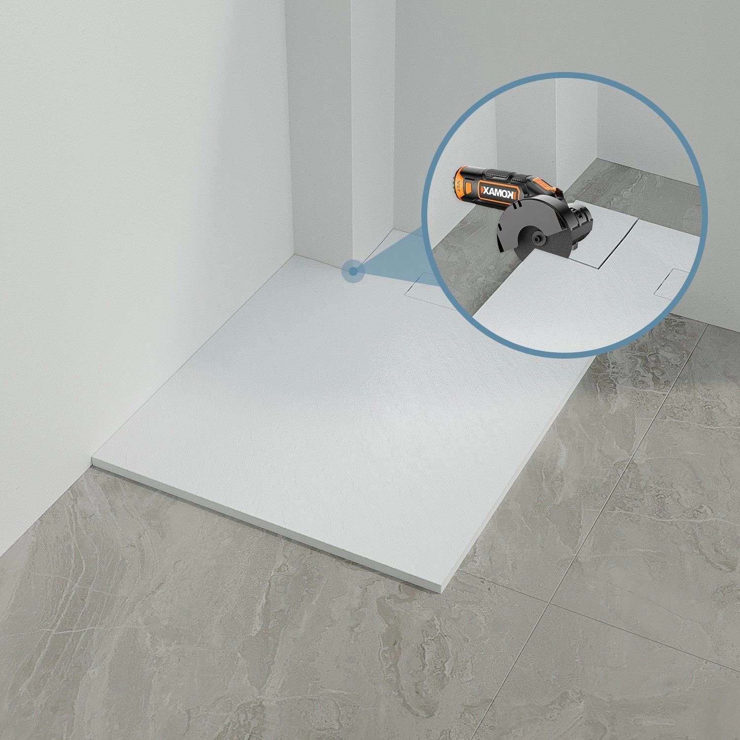 Eckige, weiße Aquabatos Duschwanne 90x90 cm in Steinoptik, rutschfest, ohne Zubehör.