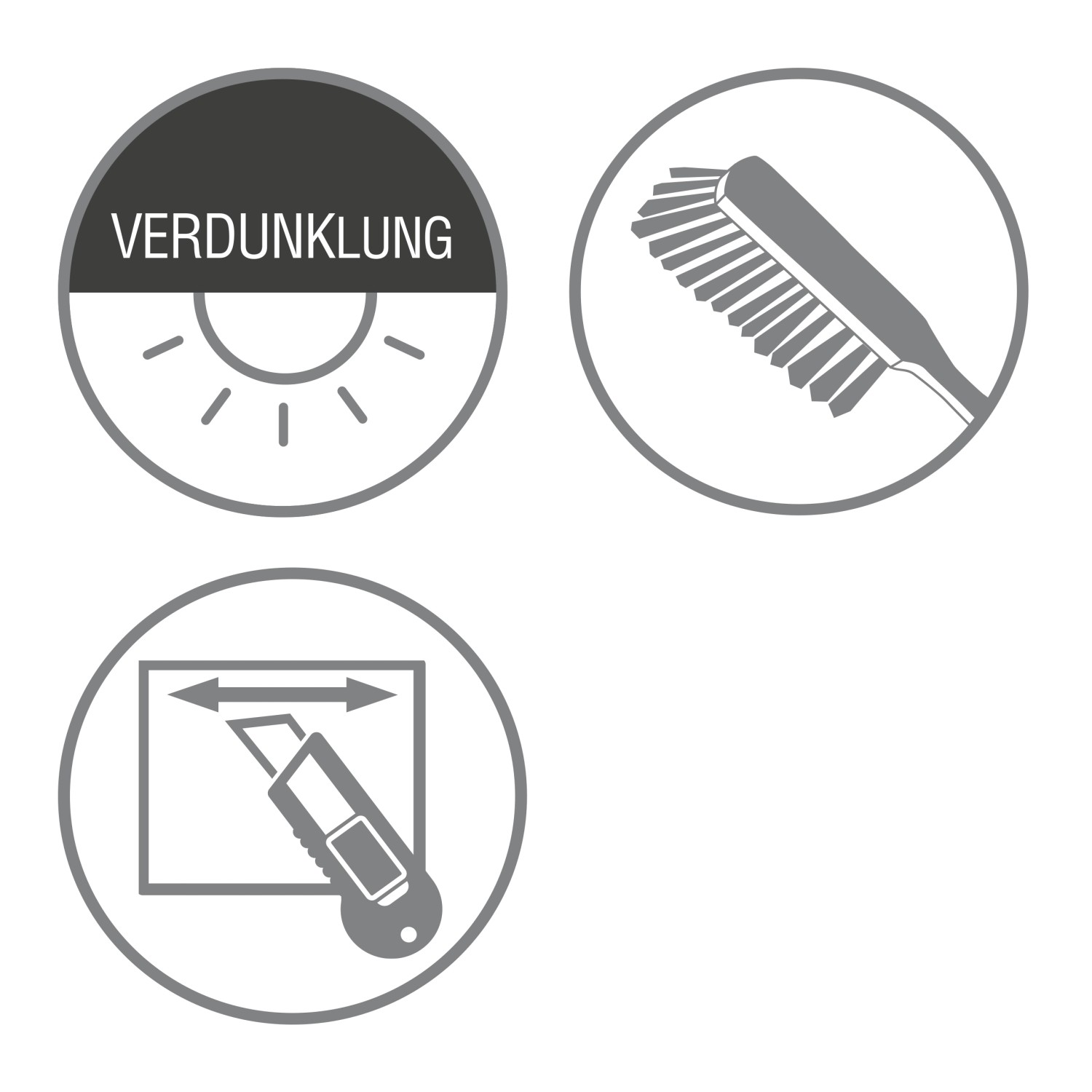 Symbole für Verdunkelung, Reinigung und Zuschnitt des Gardinia Blackout Rollos.