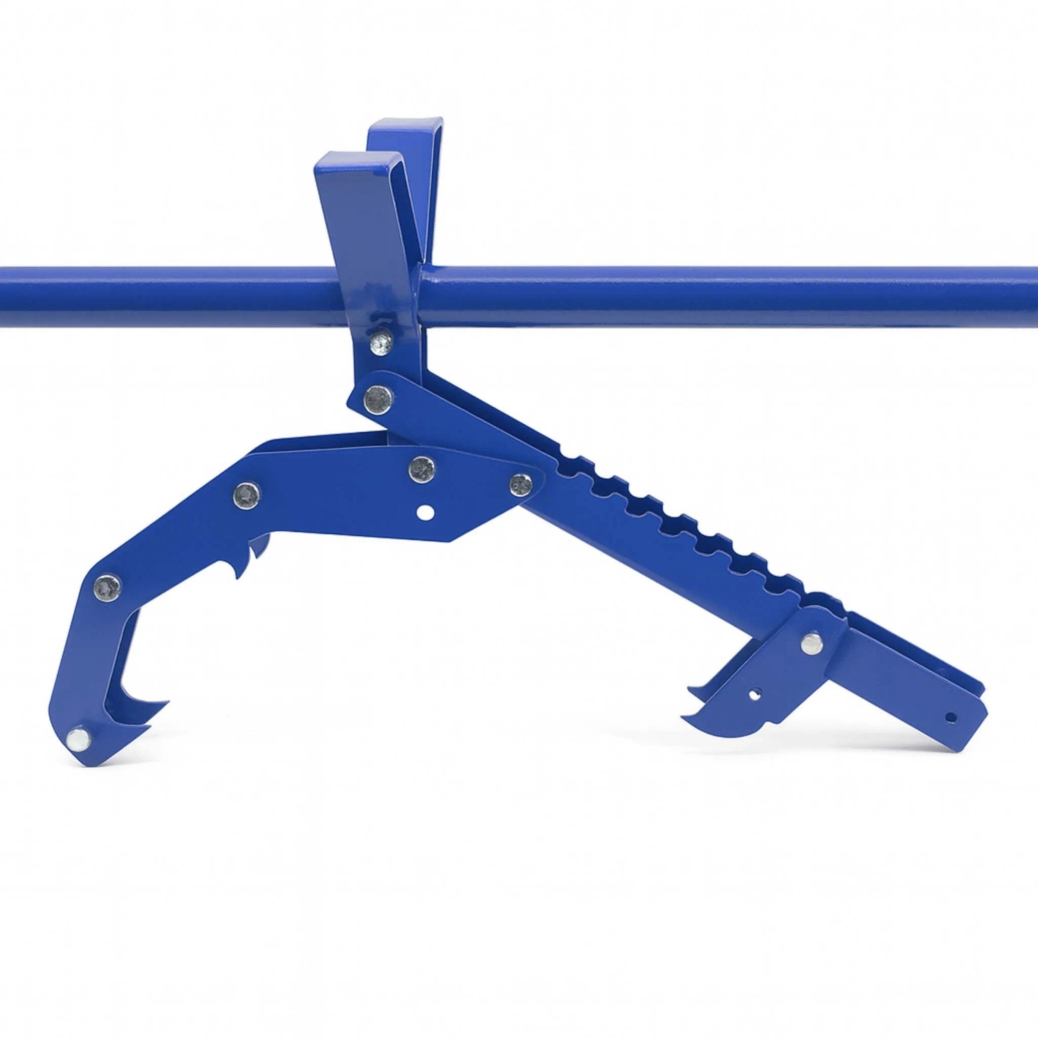 Blauer Xpotool 5-in-1 Holzheber aus Metall mit Greifzange und Stützfuß für Baumstämme.