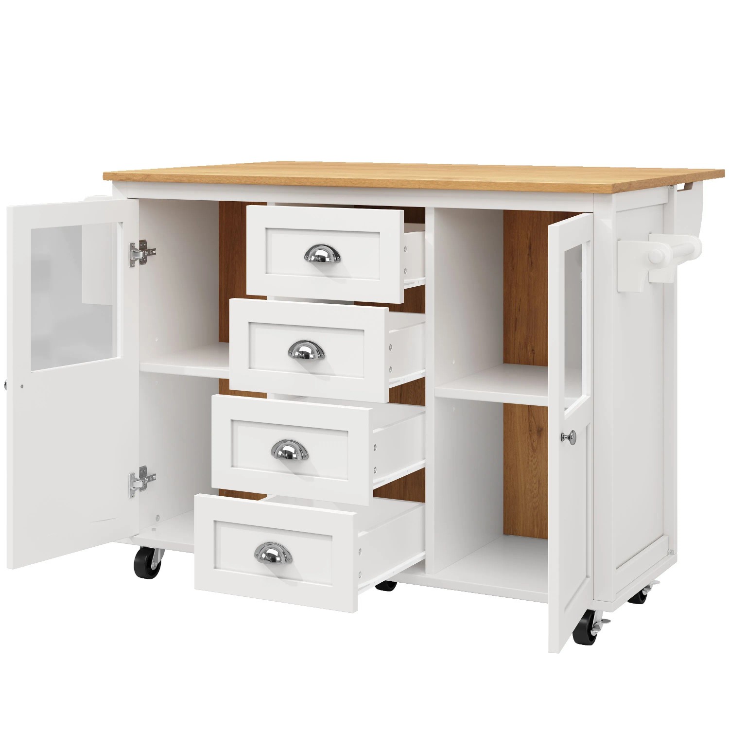 okwish Kücheninsel mit Ausziehfunktion Rollen Stauraum Küche 120x73x93cm Weiß