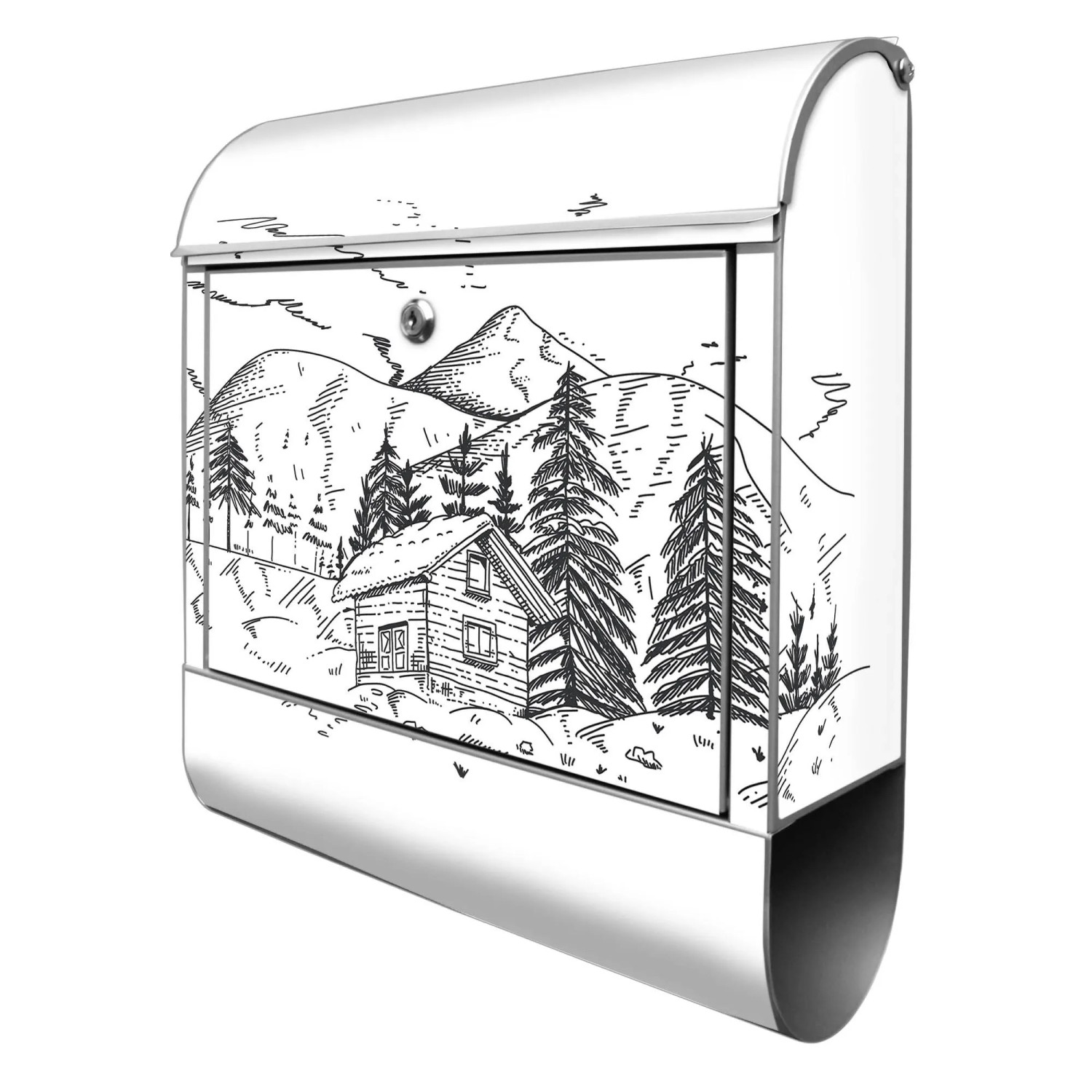 Banjado Design Briefkasten Silber Pulverbeschichtet 39x47x14cm 2 Schlüssel Mit Zeitungsfach Motiv Winterliche Berghütten...
