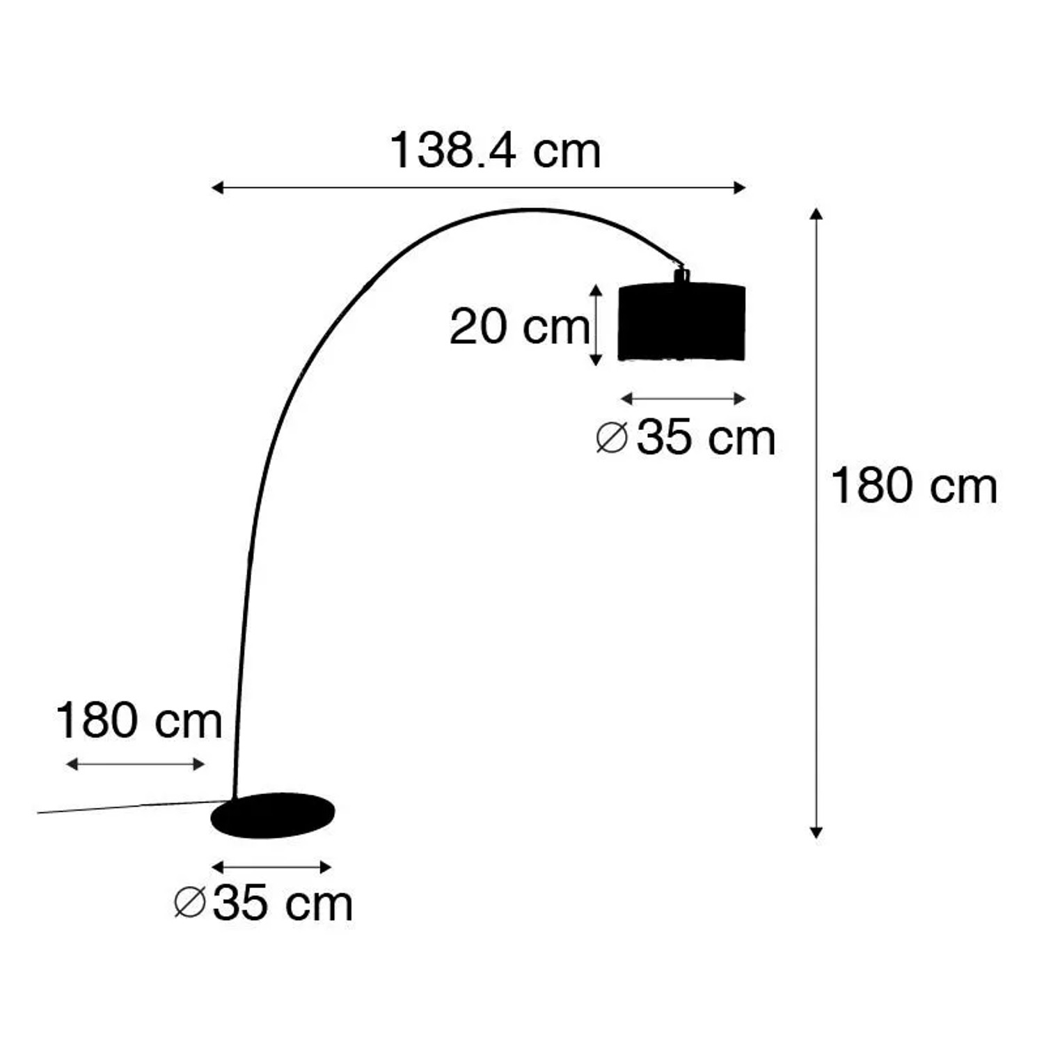 Abbildung der QAZQA Bogenlampe Vinossa in Schwarz mit Maßen. Elegante Innenleuchte für Wohnräume.