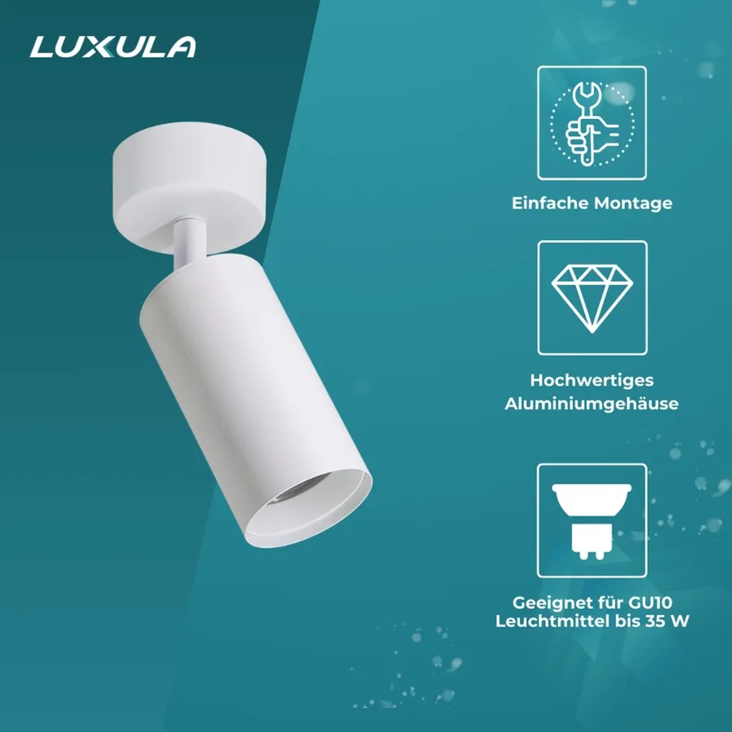 Weißer LUXULA LED Aufbauspot aus Aluminium, schwenkbar für GU10 Leuchtmittel.