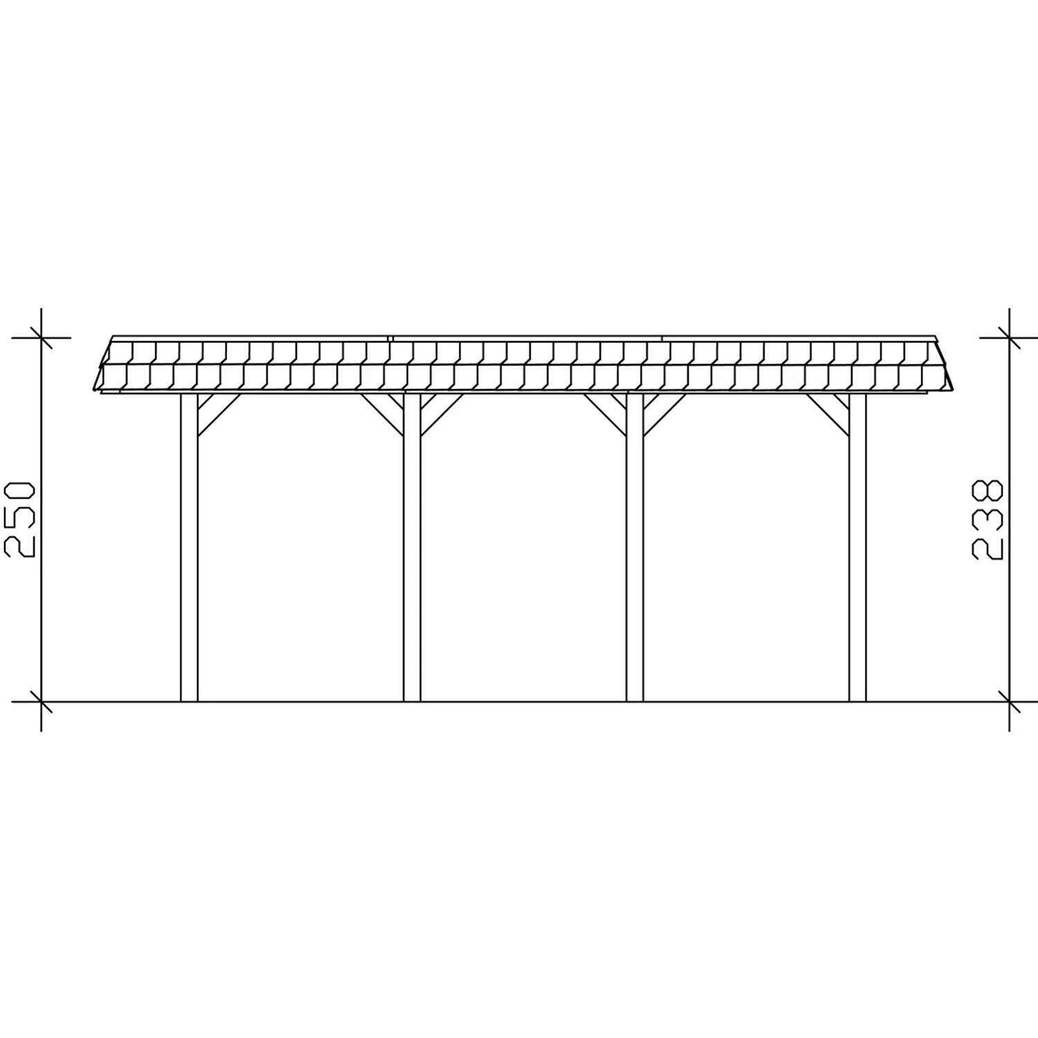 Technische Zeichnung: Skan Holz Doppelcarport Spreewald, Nussbaum, mit Maßangaben.