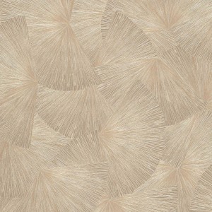 Goldene Vliestapete mit Metallic-Effekt und Fächer-Muster für Wohnzimmer.
