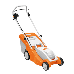 Stihl Elektro-Rasenmäher RME 339, orange-weiß, mit klappbarem Lenker und Grasfangkorb für kleine Rasenflächen.