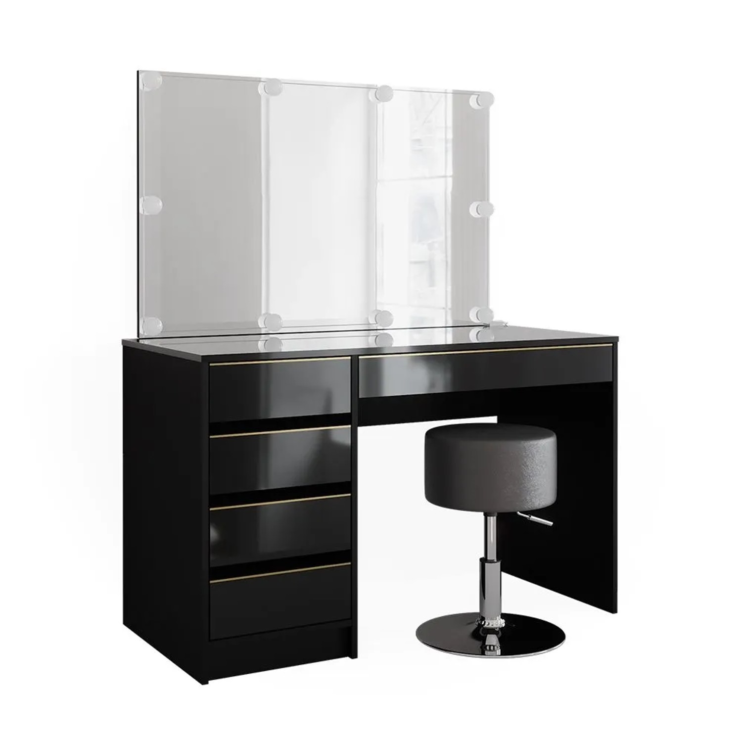 Vicco Schminktisch Sherry Schwarz/Gold 120 x 145 mit Spiegel, LED-Lichterkette und Hocker