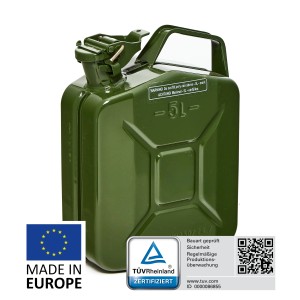 Olivgrüner 5L Metall Kraftstoffkanister, TÜV-geprüft, ideal für Benzin, Diesel & E10.