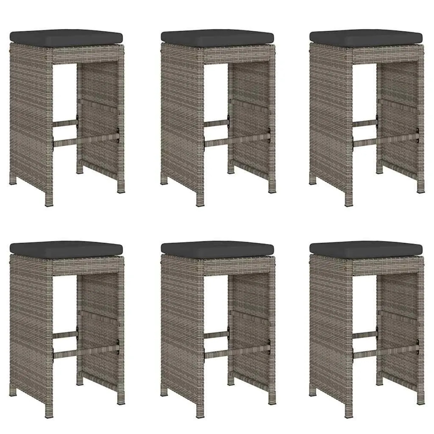 vidaXL Garten-Barhocker mit Kissen 6 Stk Grau Poly Rattan 368693
